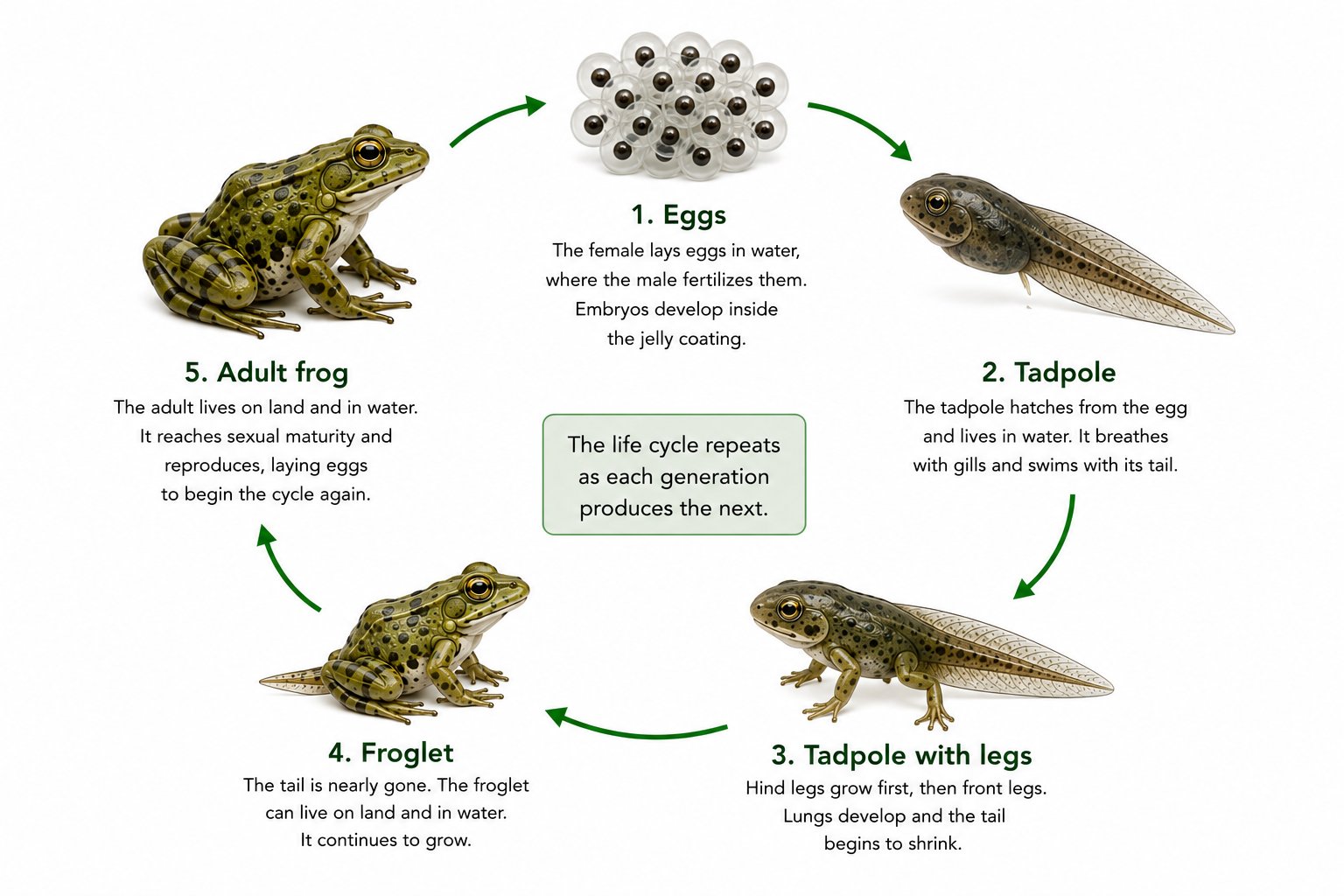 Figure 1. A simplified frog life cycle, moving from eggs to tadpole, tadpole with legs, froglet, and adult frog before the cycle begins again. Image generated with AI for About Development.